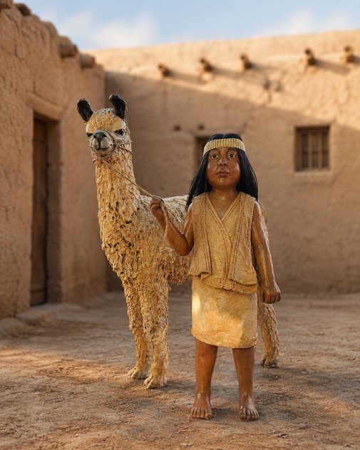 Escena de vida originaria con viviendas, telar, ceramica y llama